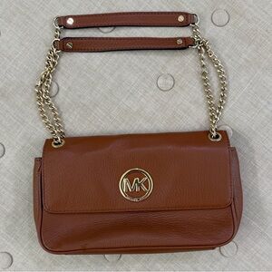 Michael Kors Cognac Pebbled Leather Shoulder Bag with Gold Chain
